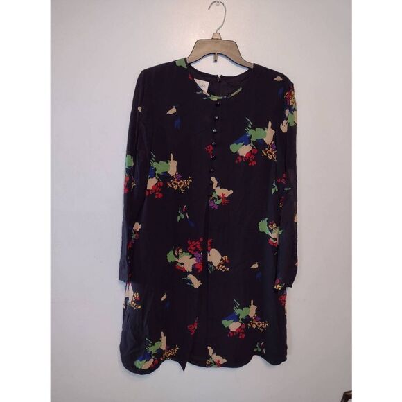 Vintage Evan Picone Size 12 Black Silk Shift Midi Dress Sheer Sleeves - Picture 1 of 3